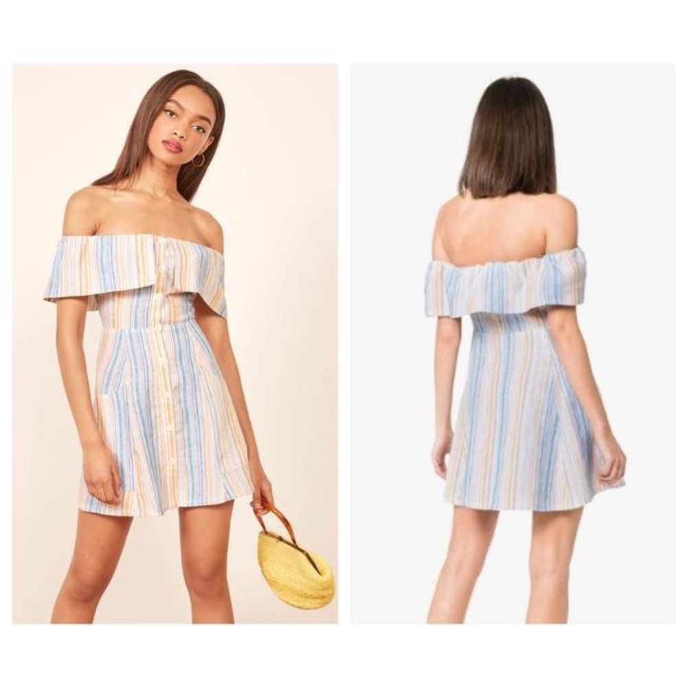 Reformation Marbella Landy Off The Shoulder Linen Minidress